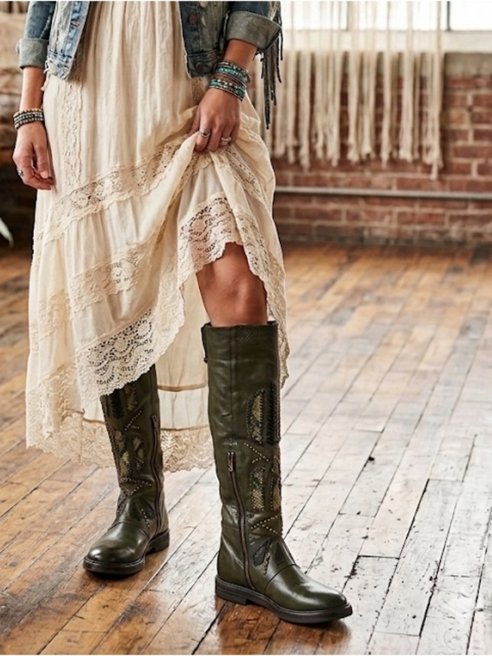 A.S.98 Carl Knee High Boots Size 8-8.5 38 Olive Green Leather Boho Stud